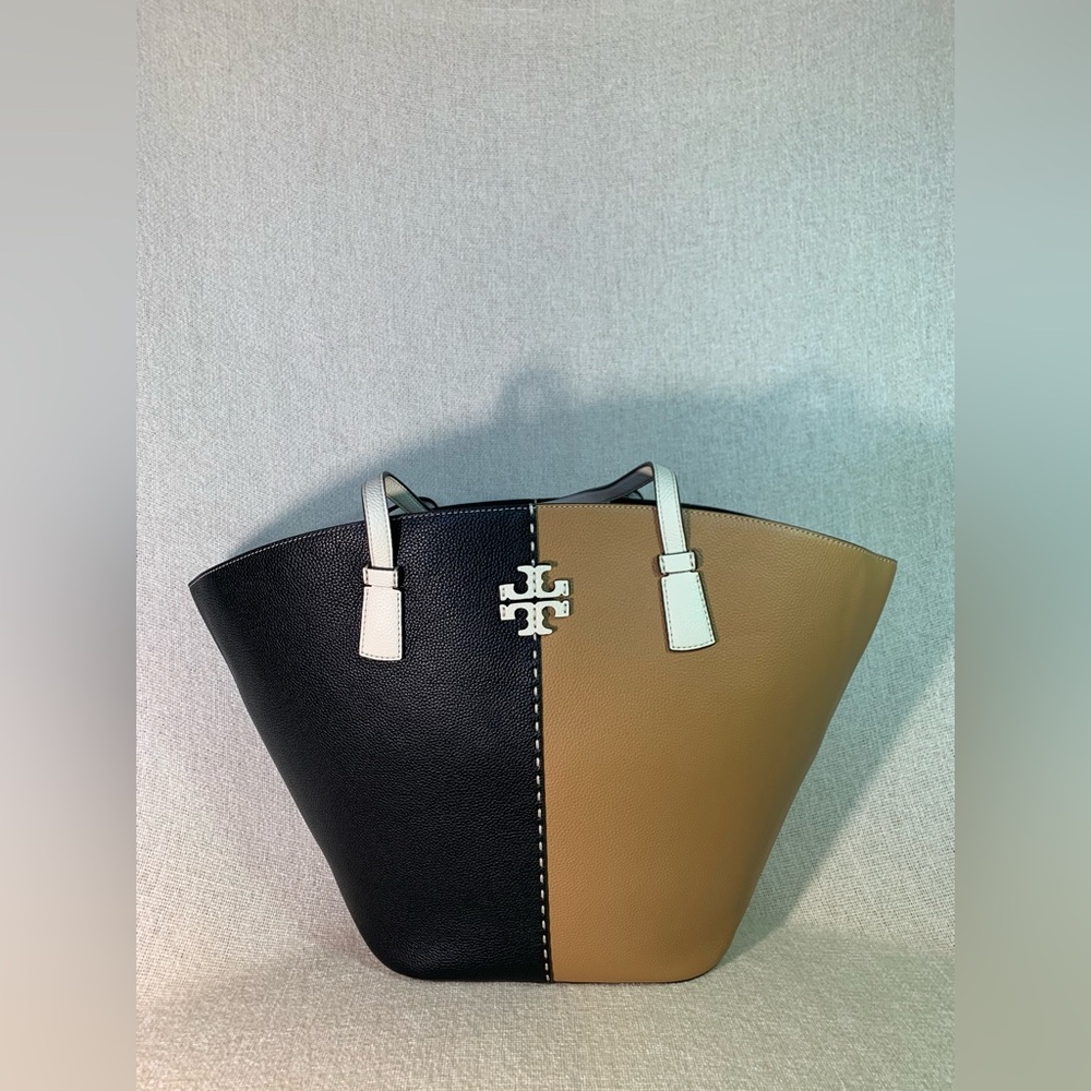 NEW Tory Burch McGraw Tiramisu Tan/Black Color Block Large Leather Tote Bag - Picture 6 of 14